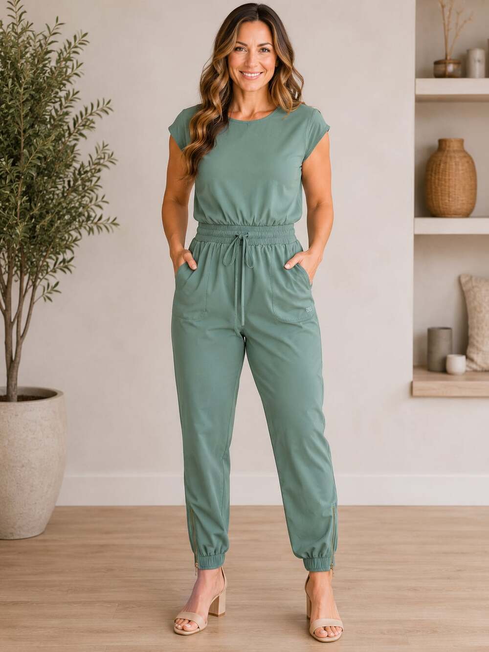 Albion Fit Jetsetter Jumpsuit Olive Green XS Athleisure Jogger Zipper Cuff